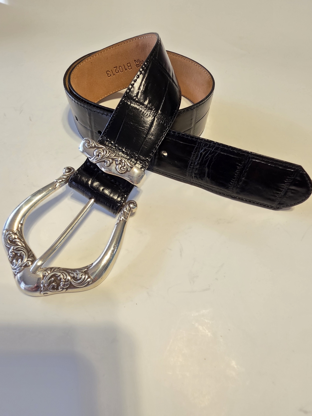 Brighton Black Croc-Embossed Leather Belt with Ornate Silver Buckle